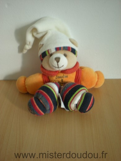 Doudou Ours Doudou et compagnie Orange bonnet ecru jambes rayees 