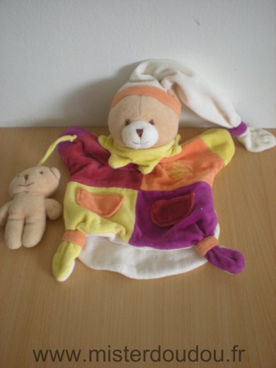 Doudou Ours Doudou et compagnie Orange jaune rouge violet tenant bébé ours 