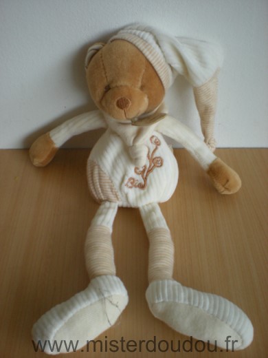 Doudou Ours Doudou et compagnie Pantin bio ecru marron beige fleurs bonnet 