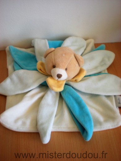 Doudou Ours Doudou et compagnie Petales bleus blancs Il manque le bonnet