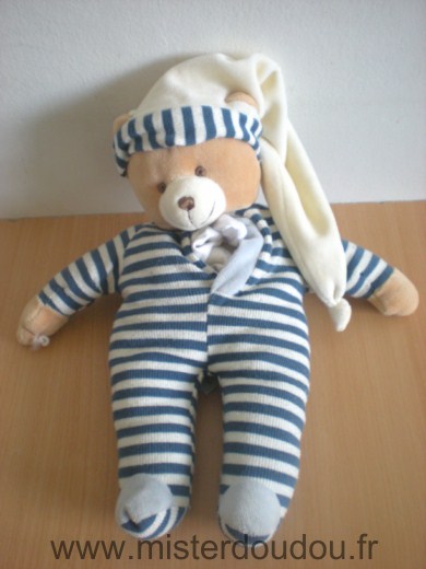 Doudou Ours Doudou et compagnie Rayé blanc bleu Il manque l'avion accroché à la main, et le médaillon de la marque