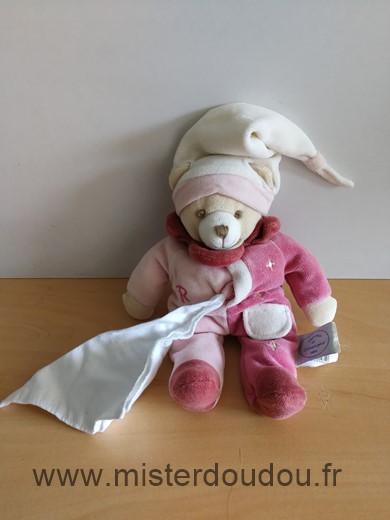 Doudou Ours Doudou et compagnie Rose mouchoir blanc 