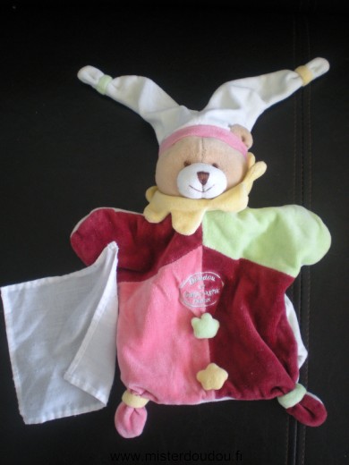 Doudou Ours Doudou et compagnie Rose rouge vert  col jaune mouchoir blanc 