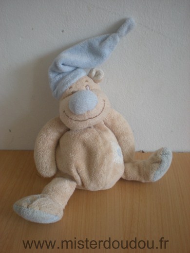 Doudou Ours Doukidou Beige bonnet bleu rapiecement coeur 