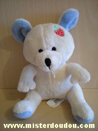 Doudou Ours Eluz Ecru bleu avec une fraise sur la tête 