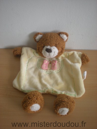 Doudou Ours Elve Marron jaune avec un papillon rose 