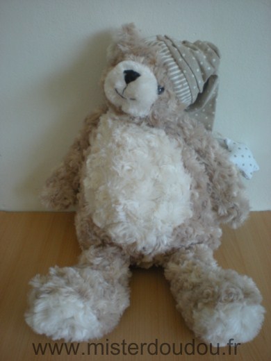 Doudou Ours Enesco Beige blanc bonnet beige avec au bout une etoile blanche 