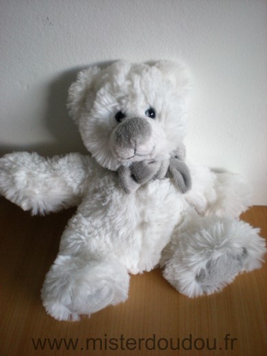 Doudou Ours Enesco Blanc echarpe grise et gris sous les pattes 