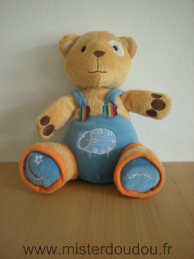 Doudou Ours Fizzy Beige salopette bleue 