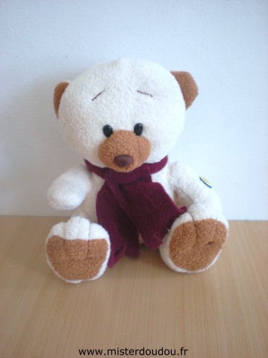 Doudou Ours Fizzy Ecru écharpe bordeau 