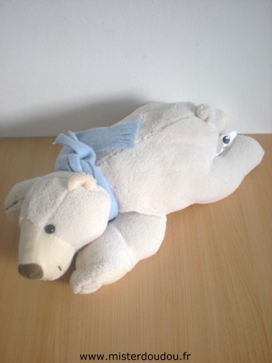 Doudou Ours France loisirs Blanc echarpe bleue 