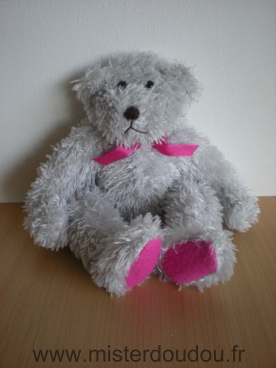 Doudou Ours France loisirs Gris rose fushi ruban rose 