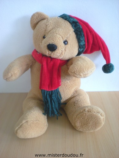 Doudou Ours France loisirs Marron bonnet rouge echarpe rouge 