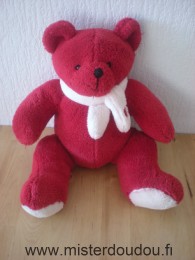 Doudou Ours France loisirs Rouge écharpe blanche avec tête d'ours 