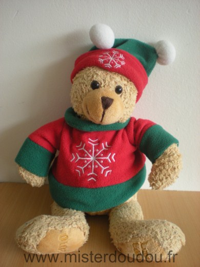 Doudou Ours Freddy the teddy Marron pull et bonnet rouge et vert flocon blanc Limited edition 2010