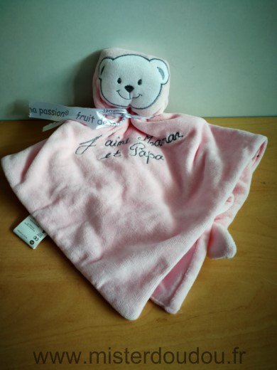 Doudou Ours Fruit de ma passion Rose gris et dessous rose j aime maman et papa 