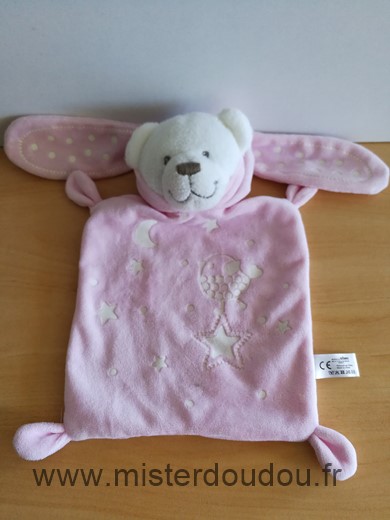 Doudou Ours Gemo Blanc deguise en lapin rose etoiles 