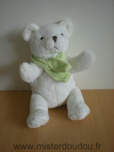 Doudou Ours Gingo biloba Blanc echarpe verte 