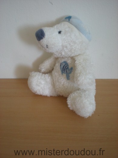 Doudou Ours Gipsy Blan bonnet bleu et poisson brodé 