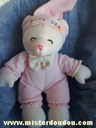 Doudou Ours Gipsy Blanc rose Inscription baby bear sur le bonnet