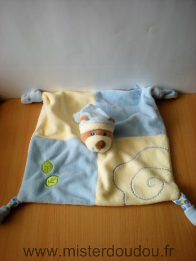 Doudou Ours Gipsy Bleu ecru feuilles vertes 