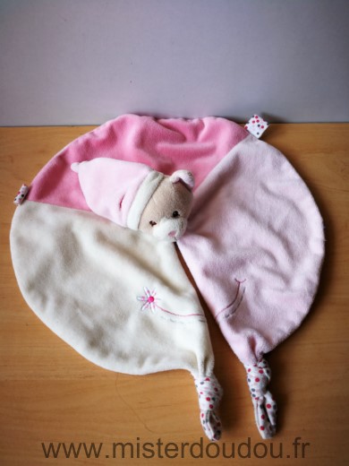 Doudou Ours Gipsy Ecru rose bonnet rose rond Tissus un peu bouloche dessous