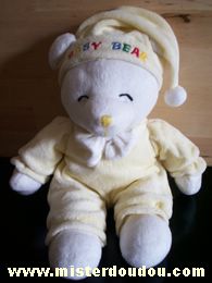 Doudou Ours Gipsy Jaune et blanc Ours qui dort, écrit baby bear sur le bonnet