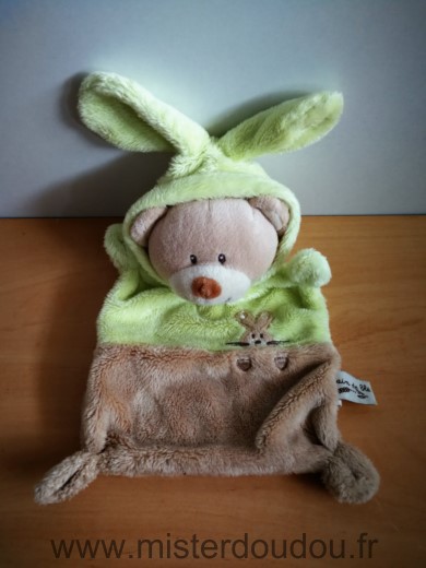 Doudou Ours Grain de ble Beige vert deguise en lapin 