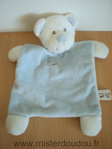 Doudou Ours Grain de ble Blanc bleu petits points marron 