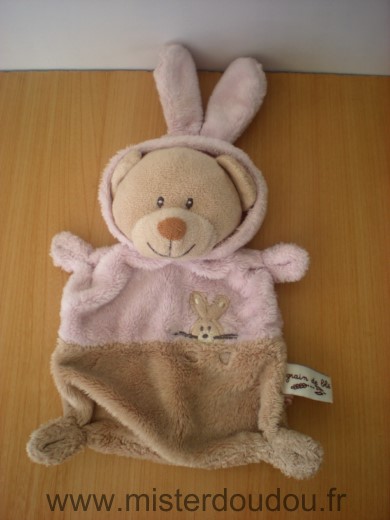 Doudou Ours Grain de ble Deguise en lapin rose beige 