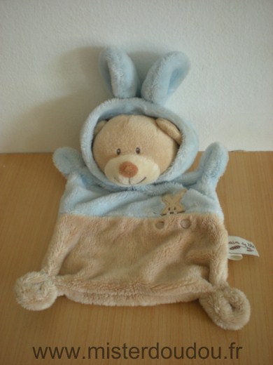 Doudou Ours Grain de ble Ours deguise en lapin bleu beige motif lapin 