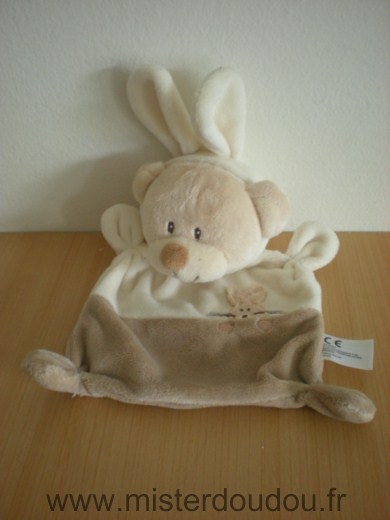 Doudou Ours Grain de ble Ours deguise en lapin oreilles de lapin beige ecru avec motif tete de lapin 