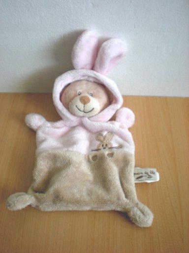 Doudou Ours Grain de ble Ours deguisé en lapin rose beige 