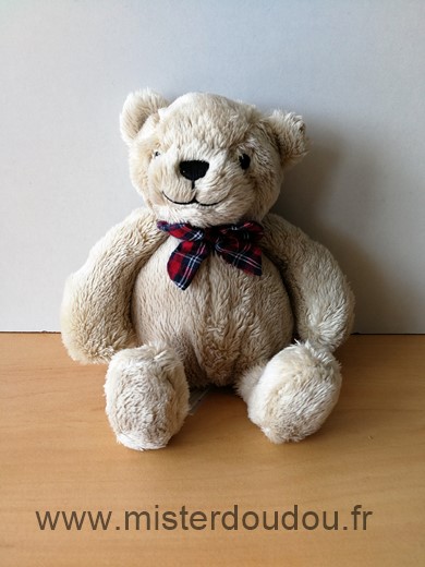 Doudou Ours H et m Beige noeurd rouge bleu 