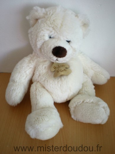 Doudou Ours Histoire d ours Peluche blanc nez bouche marron billes pourles yeux 