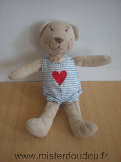 Doudou Ours Ikéa Beige habit rayé bleu blanc coeur rouge 