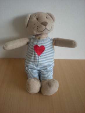 Doudou Ours Ikéa Beige salopette rayée bleu  blanc coeur rouge 