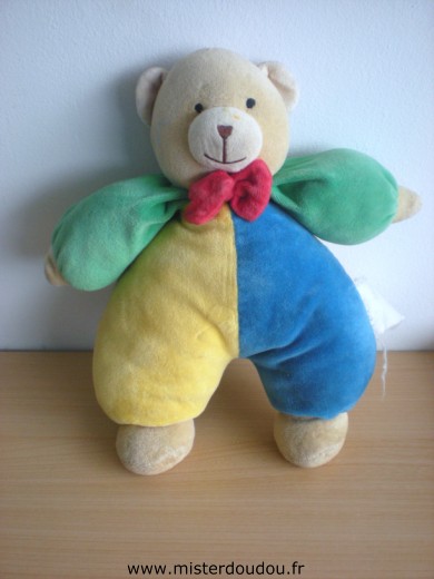 Doudou Ours Ikéa Jaune bleu vert noeud rouge 