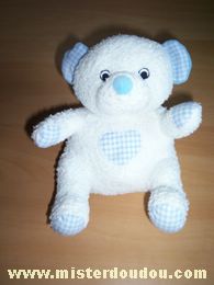 Doudou Ours Jemini Blanc bleu Coeur vichy bleu sur le ventre