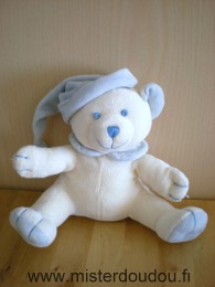 Doudou Ours Jollybaby Blanc bonnet bleu col bleu 