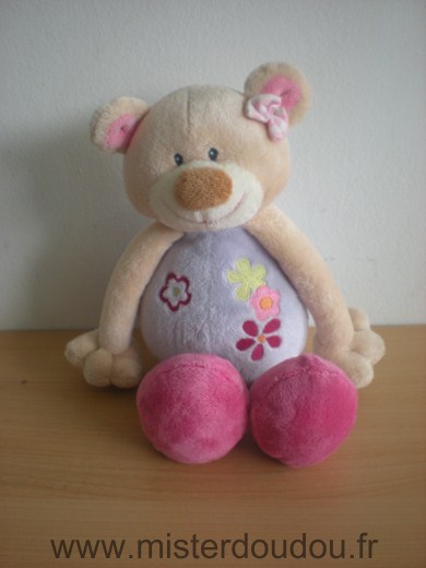 Doudou Ours Jollymex Mauve rose fleurs 