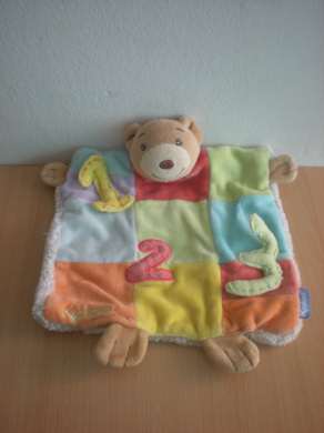 Doudou Ours Kaloo 123 patchwork multicolore, blanc dessous 