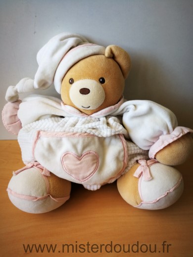 Doudou Ours Kaloo Blanc coeur rose bonnet blanc 