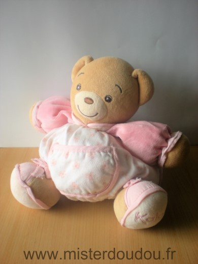 Doudou Ours Kaloo Blanc rose fleurs Une petite tache non partie au lavage dans le dos