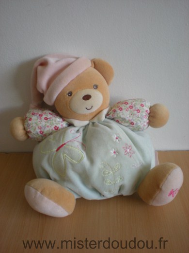 Doudou Ours Kaloo Bleu papillon bonnet rose bras motifs fleurs 