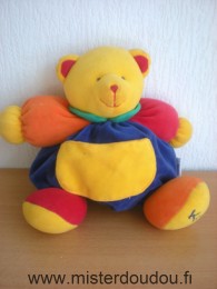 Doudou Ours Kaloo Bleu rouge orange jaune col vert poche jaune 