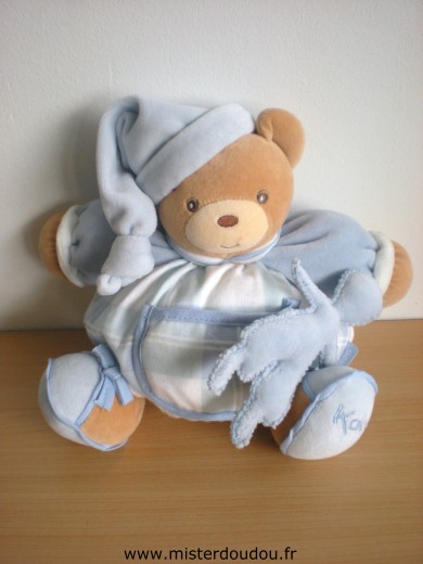 Doudou Ours Kaloo Bleu velours et tissus blanc bleu carreaux 