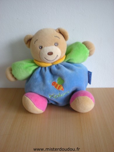 Doudou Ours Kaloo Bleu  vert rose avec une abeille brodée 