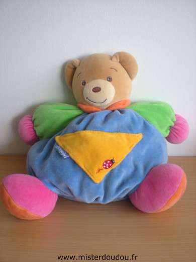 Doudou Ours Kaloo Bleu vert rose avec une coccinelle rouge 