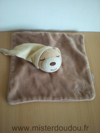 Doudou Ours Kaloo Marron bonnet beige velours dessus tissus dessous 